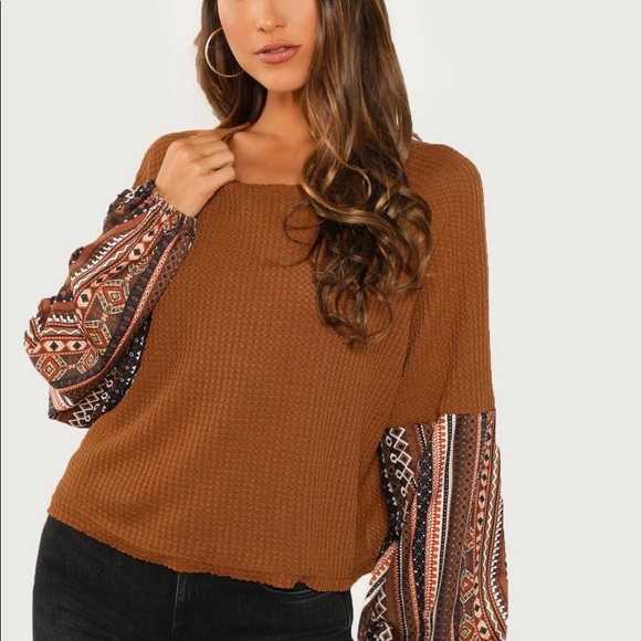 SHEIN Tops - Waffle Knit Tribal Lantern Sleeve Top